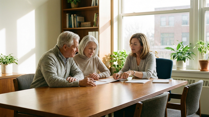 Ein älteres Ehepaar sitzt gemeinsam mit einer freundlichen Beraterin an einem Holztisch in einem hellen Büro. Sie betrachten aufmerksam Dokumente. Ernsthafte, aber hoffnungsvolle Stimmung, professionelle Umgebung.