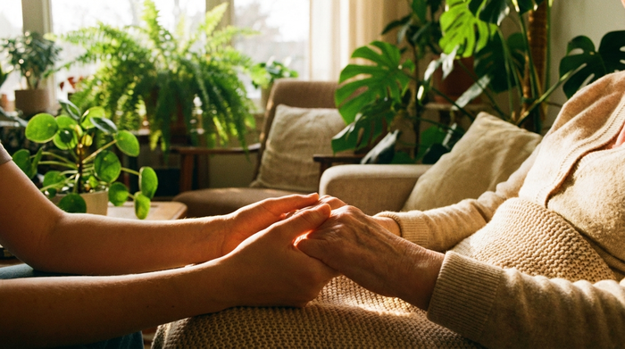 Eine Nahaufnahme von jungen Händen, die sanft die Hände einer älteren Person halten. Im Hintergrund ist leicht unscharf ein gemütliches Zimmer mit grünen Zimmerpflanzen zu erkennen. Vertrauensvolle, warme Lichtstimmung.