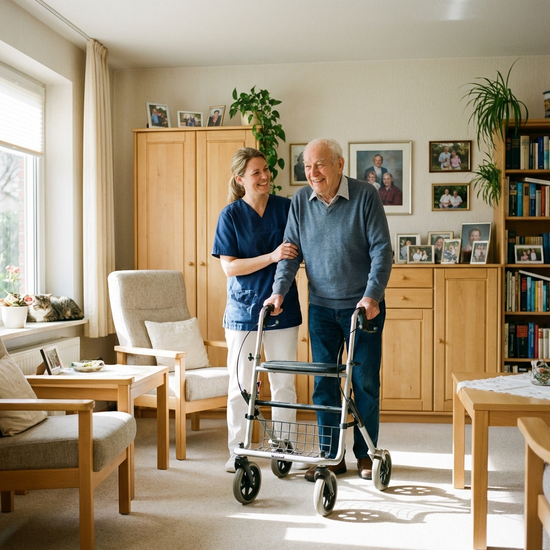 Eine freundliche Pflegekraft hilft einem lächelnden Senior beim Gehen in seinem eigenen, gemütlich eingerichteten Wohnzimmer. Helle Einrichtung, familiäre und sichere Atmosphäre.