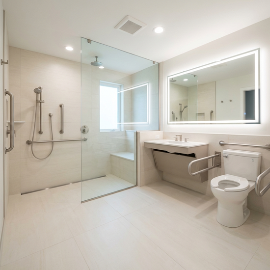 Ein modern renoviertes, barrierefreies Badezimmer mit einer großzügigen, bodengleichen Dusche und stabilen Haltegriffen. Helle Fliesen, sauberes, elegantes und sicheres Design.