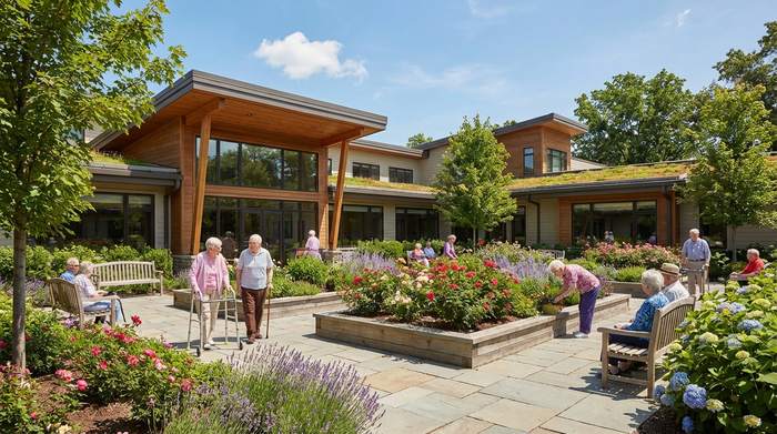 Eine gepflegte Außenansicht eines modernen Seniorenheims mit einem schön angelegten Garten. Ältere Menschen spazieren entspannt auf gepflasterten Wegen zwischen bunten Blumenbeeten. Sonniges Wetter, blauer Himmel.