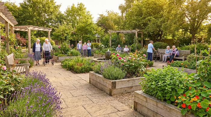 Ein sicherer, idyllischer Demenzgarten mit barrierefreien, rutschfesten Wegen, gemütlichen Holzbänken und bepflanzten Hochbeeten an einem sonnigen Nachmittag. Ältere Menschen spazieren friedlich, umgeben von ungiftigen Pflanzen und viel Grün.