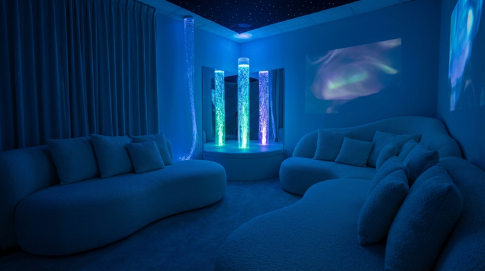 Ein gemütlich eingerichteter Snoezelen-Raum mit sanfter, bläulicher Beleuchtung, bequemen weißen Liegelandschaften und einer sanft leuchtenden Wassersäule. Eine beruhigende, harmonische und entspannende Atmosphäre ohne störende Elemente.