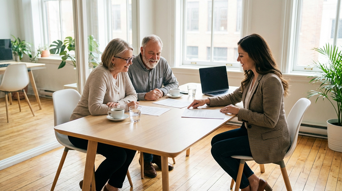Ein älteres Ehepaar sitzt gemeinsam mit einer freundlichen Beraterin an einem hellen Holztisch und schaut sich konzentriert, aber entspannt Dokumente an. Helles Büro, Kaffeetassen auf dem Tisch, professionelle und unterstützende Stimmung.