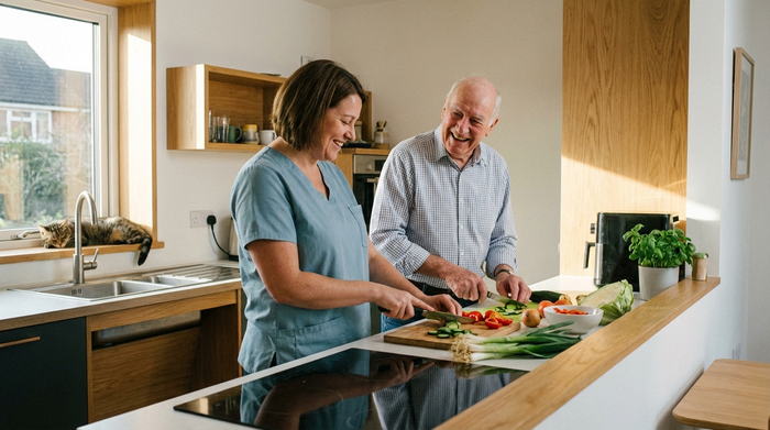 Eine freundliche Betreuungskraft kocht gemeinsam mit einem älteren Herrn in einer modernen, barrierefreien Küche. Beide lachen fröhlich und schneiden frisches Gemüse. Warme, familiäre und alltägliche Situation.