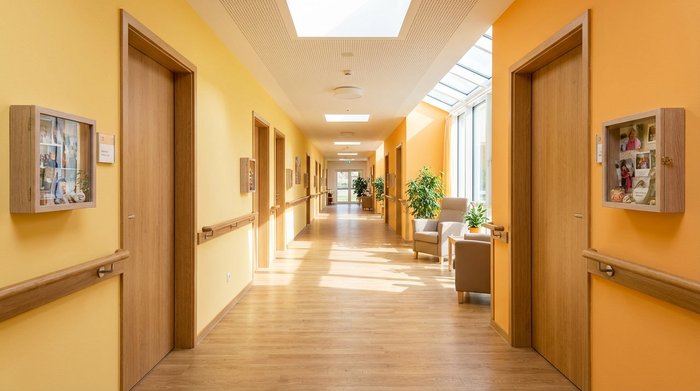 Ein heller, endloser Flur in einer modernen Pflegeeinrichtung, freundlich in warmen Farben gestrichen, mit stabilen Handläufen an den Wänden und kleinen, individuell gestalteten Erinnerungskästen neben den Holztüren der Zimmer.