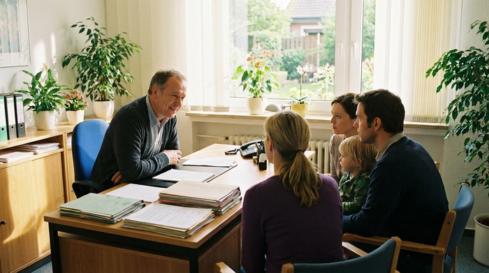 Ein freundlicher Sozialarbeiter im Gespräch mit einer besorgten Familie in einem hellen Büro eines Krankenhauses. Akten liegen auf dem Schreibtisch, warme und beruhigende Atmosphäre, realistisch, keine Schrift.