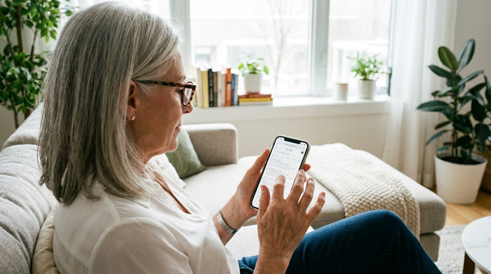 Eine moderne, ältere Frau nutzt ein Smartphone in einem gemütlichen Wohnzimmer, um online nach Informationen zu suchen. Helles Tageslicht, aufgeräumte Umgebung, Fokus auf das Smartphone in ihren Händen, fotorealistisch.