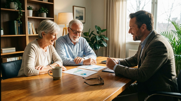 Ein älteres Ehepaar sitzt mit einem Berater an einem Holztisch und schaut entspannt auf übersichtliche Dokumente. Eine Tasse Kaffee steht auf dem Tisch. Helle, positive und seriöse Stimmung, keine lesbaren Texte.