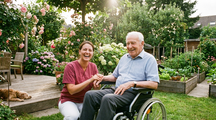 Eine freundliche Pflegekraft lacht gemeinsam mit einem älteren Herrn im Rollstuhl in einem gepflegten, heimischen Garten. Sonniges Wetter, grüne Pflanzen, harmonische und fürsorgliche Szene, realistisch.