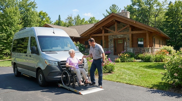Ein moderner, rollstuhlgerechter Kleinbus steht mit geöffneter Rampe vor einem gepflegten Einfamilienhaus im Grünen. Ein freundlicher Fahrer hilft einer lächelnden älteren Dame sicher beim Einsteigen. Sonniges Wetter, klare und realistische Szene.