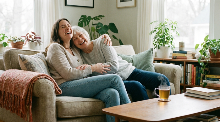 Eine entspannte Tochter sitzt mit ihrer älteren Mutter auf einem gemütlichen Sofa im heimischen Wohnzimmer. Beide lachen herzlich und wirken völlig unbeschwert. Eine Tasse Tee steht auf dem Couchtisch. Helle, friedliche Stimmung ohne störende Elemente.