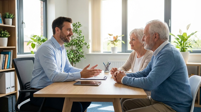 Ein professioneller Pflegeberater in einem ordentlichen hellblauen Hemd sitzt an einem modernen Holztisch und erklärt einem älteren Ehepaar freundlich die Möglichkeiten. Die Senioren nicken verständnisvoll. Ruhige, seriöse Beratungssituation in einem freundlichen Büro.