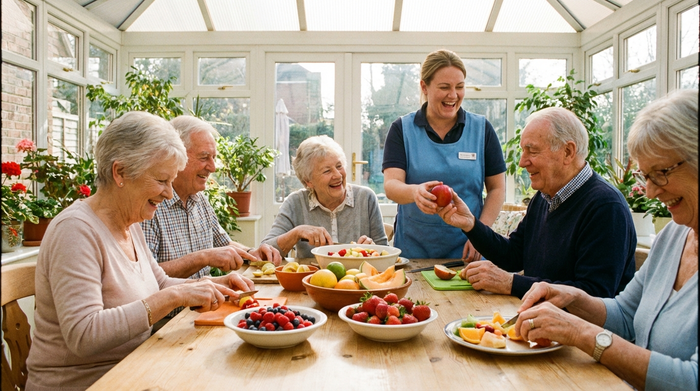 Eine Gruppe von fröhlichen Senioren sitzt an einem großen Holztisch in einem sonnendurchfluteten Raum und bereitet gemeinsam einen frischen Obstsalat zu. Eine Betreuungskraft reicht lächelnd einen roten Apfel. Lebendige, aktive Szene mit Fokus auf Gemeinschaft.