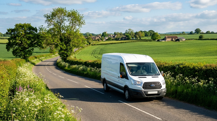 Ein sauberer weißer Transporter fährt an einem sonnigen Tag über eine Landstraße mit grünen Feldern im Hintergrund. Realistisch, helles Tageslicht, idyllische Landschaft.