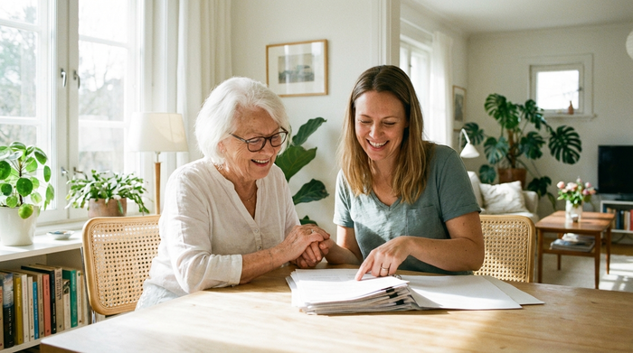 Eine ältere Dame sitzt zusammen mit ihrer Tochter am Esstisch. Sie lächeln und betrachten gemeinsam einige Dokumente. Eine entspannte, erleichterte Stimmung in einem hellen Wohnzimmer. Fotorealistisch.