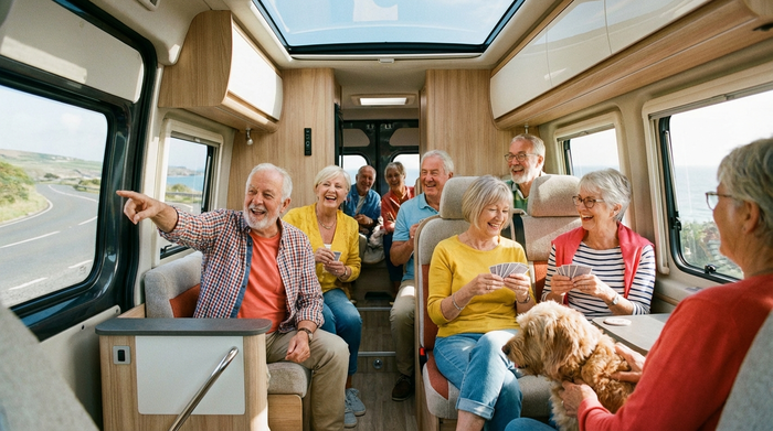 Eine fröhliche Gruppe von Senioren sitzt bequem in einem modernen Kleinbus. Sie unterhalten sich angeregt und schauen aus dem Fenster. Helles Licht im Innenraum, freundliche und soziale Atmosphäre.