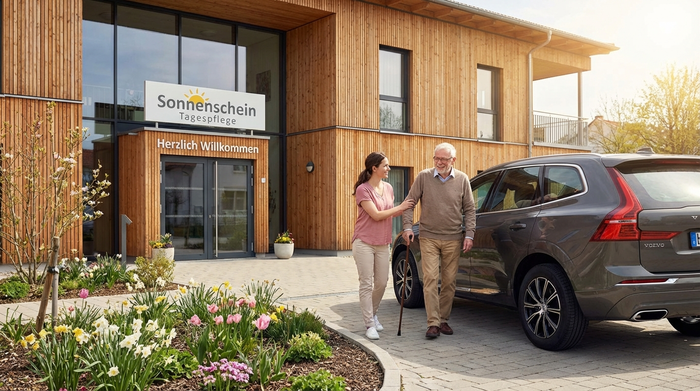 Ein privater PKW parkt vor dem Eingang einer modernen, freundlich wirkenden Tagespflegeeinrichtung. Eine jüngere Frau begleitet ihren Vater liebevoll zum Eingang. Sonniges Frühlingswetter, gepflegte Anlage.