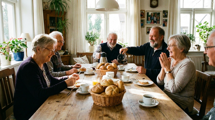 Ein gemütliches gemeinsames Frühstück von Senioren an einem großen Holztisch, frische Brötchen und Kaffeetassen, sonniges Licht, fröhliche Gesichter, realistische Fotografie.