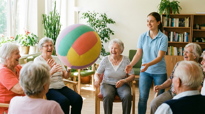 Senioren sitzen im Kreis und werfen sich lachend einen weichen, bunten Gymnastikball zu, betreut von einer jungen Pflegerin in einem hellen Gemeinschaftsraum.