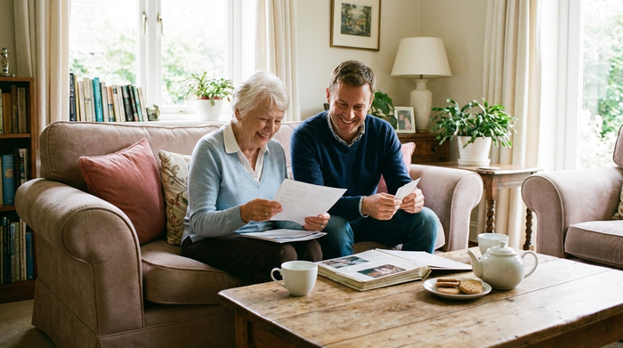 Eine ältere Dame und ihr erwachsener Sohn sitzen entspannt auf einem Sofa und schauen lächelnd in Unterlagen, eine Tasse Tee steht auf dem Couchtisch, harmonische Stimmung.
