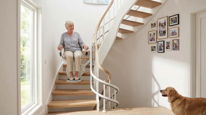 Ein moderner Treppenlift in einem gepflegten Einfamilienhaus, eine ältere Person fährt sicher und entspannt die Treppe hinunter, helles Treppenhaus, realistische Szene.
