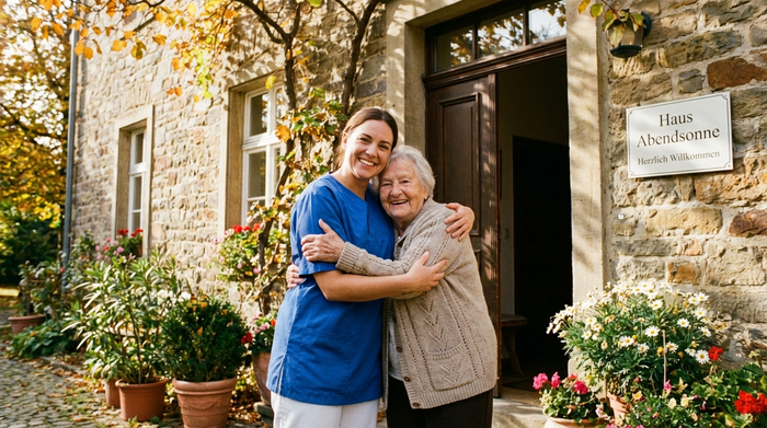 Eine freundliche Pflegekraft begrüßt eine ältere Dame herzlich an der Eingangstür eines schönen Gebäudes, beide lächeln, warme und einladende Atmosphäre.