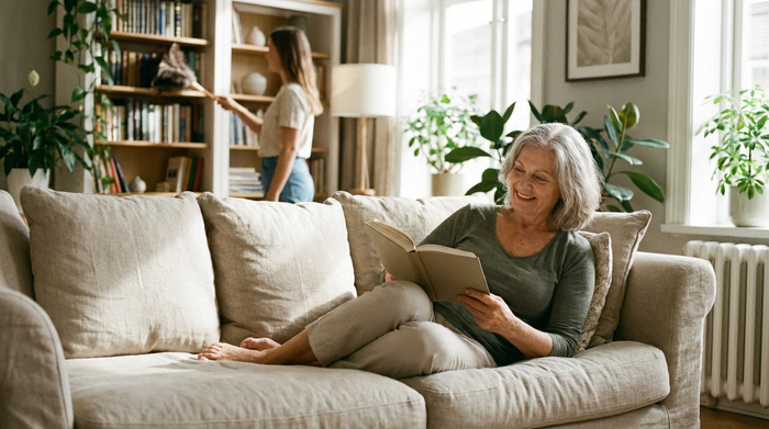 Eine ältere Frau mit grauem Haar sitzt entspannt auf einem bequemen Sofa und liest ein Buch, während im unscharfen Hintergrund eine junge Frau mit einem Staubwedel ein Regal reinigt. Helle, freundliche Raumatmosphäre ohne sichtbare Texte.