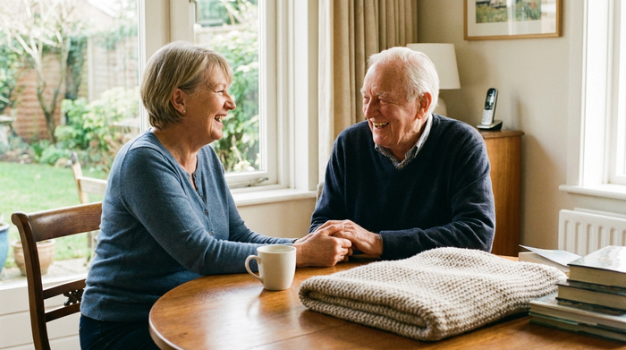 Eine seriöse, freundliche Alltagsbegleiterin sitzt gemeinsam mit einem älteren Herrn an einem runden Holztisch und beide lachen herzlich zusammen. Eine saubere Kaffeetasse steht auf dem Tisch. Warme, vertrauensvolle und sichere Stimmung.