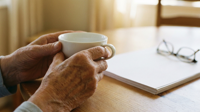 Nahaufnahme der Hände einer älteren Person, die entspannt eine weiße Teetasse hält. Auf dem Tisch im weich gezeichneten Hintergrund liegt ein ordentlicher, unbeschriebener Papierstapel neben einer Brille. Ruhiges und geordnetes Setting.