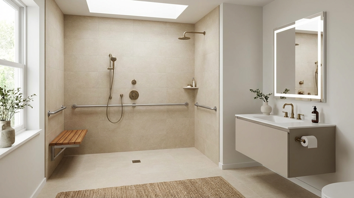 Ein modern und barrierefrei umgebautes, helles Badezimmer mit einer bodengleichen Dusche, eleganten Haltegriffen aus Edelstahl und rutschfesten, sandfarbenen Fliesen. Ein sauberes, sicheres und stilvolles Ambiente ohne klinische Krankenhausatmosphäre.