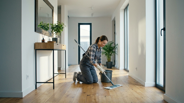 Eine fleißige Reinigungskraft wischt den Holzboden in einem modernen, aufgeräumten Flur. Die Frau trägt bequeme Arbeitskleidung und konzentriert sich auf die physische Arbeit. Heller Raum, sauberes Ambiente, realistisch, ohne Text.