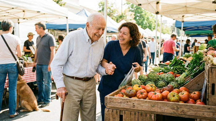 Ein älterer Herr und eine herzliche Betreuungskraft gehen gemeinsam auf einem sonnigen Wochenmarkt einkaufen. Sie betrachten frisches Gemüse an einem Holzstand. Fröhliche Stimmung, lebendige Umgebung, schönes Tageslicht, keine Beschriftungen.