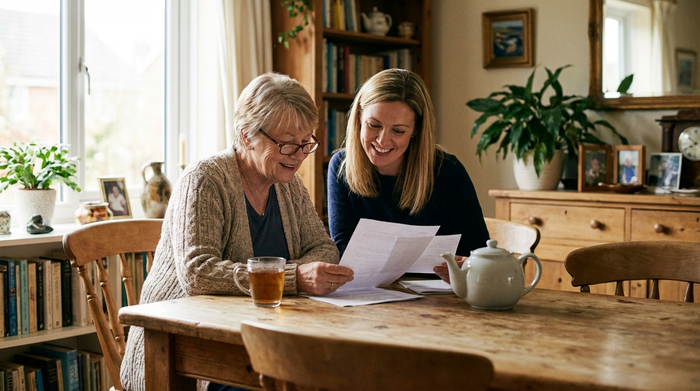 Eine ältere Frau sitzt mit ihrer Tochter am Esstisch und betrachtet konzentriert, aber entspannt einige Dokumente. Eine Tasse Tee steht daneben. Warme, heimelige Atmosphäre, weiches Licht, realistisch, ohne Text oder Diagramme.