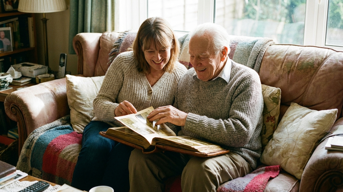 Eine einfühlsame Betreuungskraft schaut gemeinsam mit einem lächelnden Senior ein altes Fotoalbum an. Sie sitzen gemütlich auf einem weichen Sofa. Vertraute, herzerwärmende Stimmung, detaillierte Texturen, realistisch.