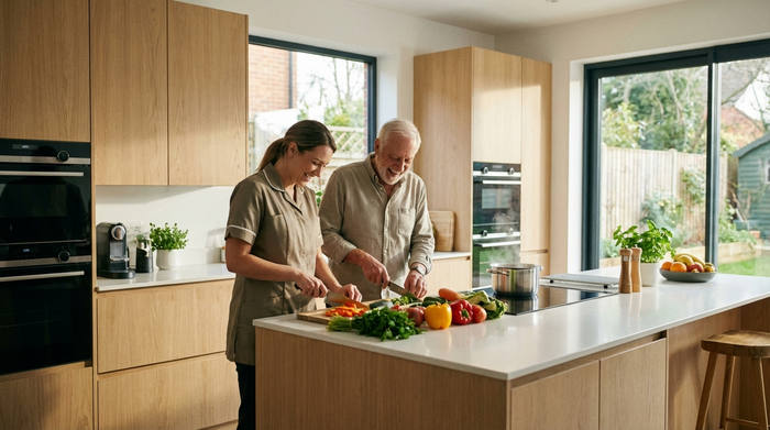 Eine fürsorgliche Betreuungskraft hilft einem älteren Herrn beim gemeinsamen Kochen von frischem Gemüse in einer modernen, sauberen Küche.