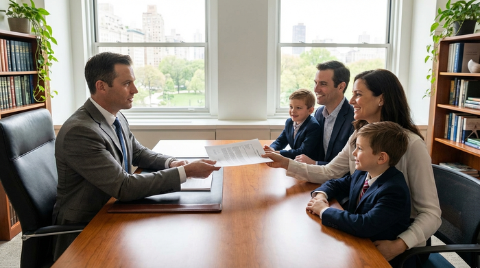 Ein seriöser Berater in einem hellen Büro überreicht einer Familie ein offizielles Dokument über den Schreibtisch, vertrauensvolle und professionelle Stimmung.