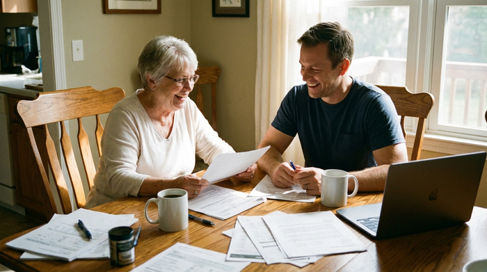 Eine ältere Frau und ihr Sohn sitzen am Esstisch und besprechen entspannt Dokumente, eine Tasse Kaffee steht daneben, harmonische Atmosphäre.
