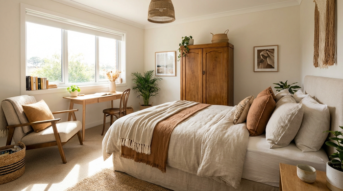 Ein helles, freundlich eingerichtetes Gästezimmer mit einem bequemen Bett, einem Kleiderschrank und einem Schreibtisch am Fenster, einladend und gemütlich.