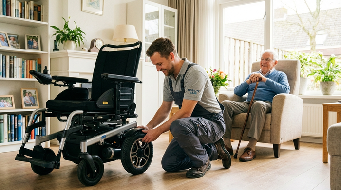 Ein freundlicher Techniker in Arbeitskleidung repariert konzentriert das Rad eines modernen Elektrorollstuhls im hellen Wohnzimmer eines älteren Herrn. Realistische, saubere Umgebung mit warmem Tageslicht.