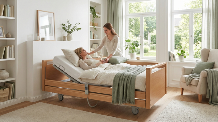Ein helles, gemütliches Schlafzimmer mit einem modernen, elektrisch verstellbaren Pflegebett aus Holz. Eine fürsorgliche Tochter richtet liebevoll die Kissen für ihre ruhende Mutter. Sauberes, beruhigendes Ambiente.