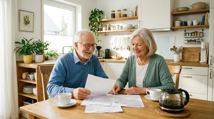Ein älteres Ehepaar sitzt entspannt am heimischen Esstisch und bespricht lächelnd ärztliche Dokumente, während eine Tasse Kaffee bereitsteht. Aufgeräumte, helle Wohnküche, positive und beruhigende Atmosphäre.