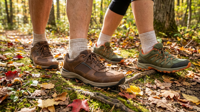Nahaufnahme von gesunden Seniorenfüßen, die bequem in gut sitzenden, modernen Bequemschuhen auf einem herbstlichen Waldweg spazieren. Die Szene strahlt Vitalität und schmerzfreie Bewegung aus. Realistisch, helles Tageslicht.