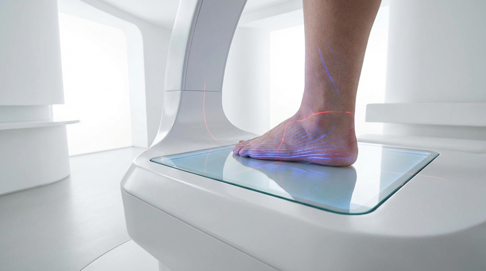 Ein hochmoderner 3D-Fußscanner in einem hellen medizinischen Raum. Ein nackter Fuß steht auf der beleuchteten Glasplatte des Scanners, während feine Laserlinien die Konturen abtasten. Keine Bildschirminhalte oder Texte sichtbar, futuristische und saubere Atmosphäre.