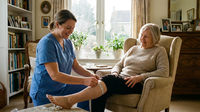 Eine freundliche medizinische Fachkraft misst an einem sonnigen Morgen mit einem flexiblen Maßband behutsam den Wadenumfang einer älteren Dame. Die Dame sitzt entspannt in ihrem gemütlichen Wohnzimmer. Helle, vertrauensvolle Stimmung.