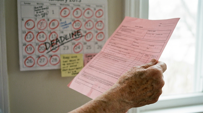 Nahaufnahme eines neutralen, rosafarbenen Papierformulars ohne lesbaren Text, das von einer älteren Hand gehalten wird. Im Hintergrund ist unscharf ein Wandkalender zu erkennen, der auf zeitliche Fristen hindeutet.