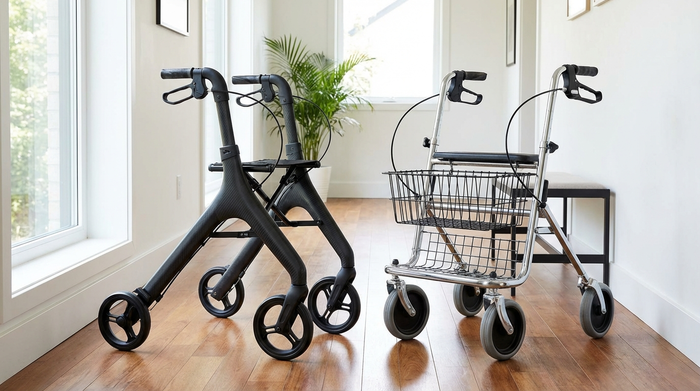 Ein moderner, leichter Carbon-Rollator steht in einem gepflegten, hellen Flur direkt neben einem klassischen Standard-Rollator aus dickem Stahlrohr. Die Szene ist realistisch und fotografisch hochwertig ausgeleuchtet.
