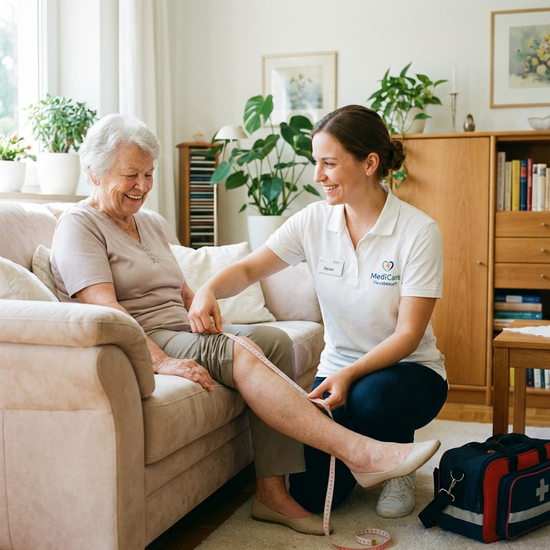 Eine freundliche medizinische Fachkraft im weißen Poloshirt misst mit einem Maßband das Bein einer älteren Dame aus, die bequem auf einem Sofa sitzt. Die Szene wirkt professionell, vertrauensvoll und sauber.