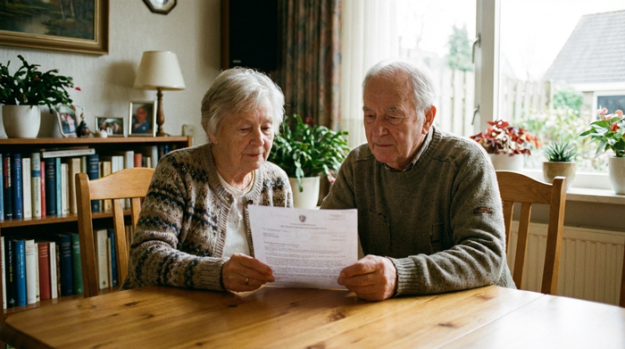 Ein älteres Ehepaar sitzt gemeinsam am heimischen Esstisch und liest aufmerksam ein offiziell wirkendes Dokument ohne lesbaren Text. Die Stimmung ist konzentriert, aber ruhig und gelassen.