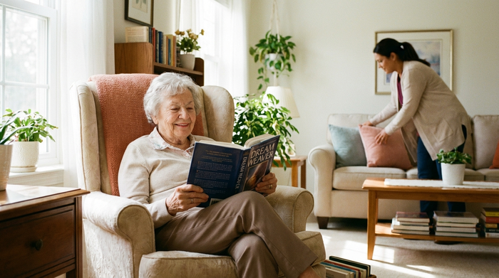 Eine ältere Frau sitzt entspannt in einem bequemen Sessel in ihrem hellen Wohnzimmer und liest ein Buch. Im Hintergrund steht eine verschwommene, liebevolle Pflegekraft, die ein Kissen richtet. Warme Farben, saubere und aufgeräumte Umgebung.